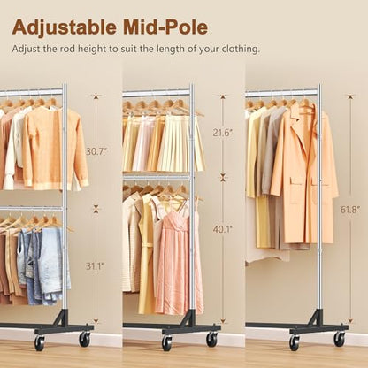 Hoctieon Double Rod Z Rack, Rolling Clothes Racks with Z-Base, Adjustable Clothing Rack, Standing Clothes Rack, Metal Clothing Racks for Hanging Clothes, Portable Garment Rack, Chrome - color: Chrome(1 Pack)