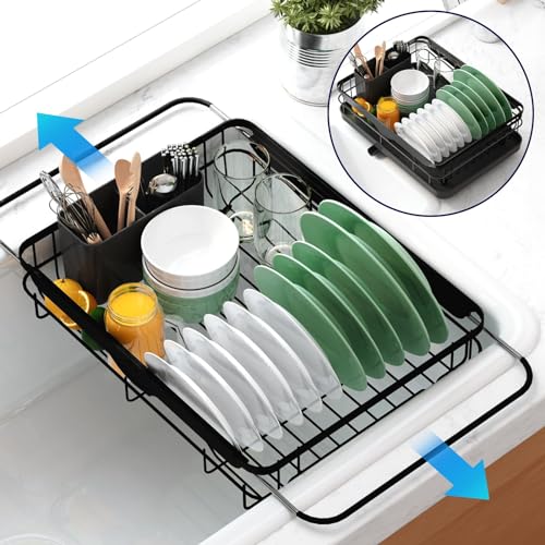 Kitsure Dish Drying Rack for Kitchen Counter, 12.2''W x 15.7''~23''L, Black - color: Black, size: 12.2''W x 15.7''~23''L - 1 Tier