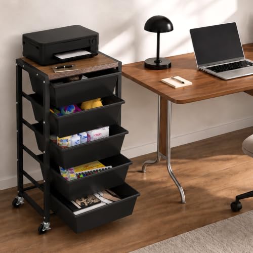 Rolling Cart with 5 Drawers, Plastic Drawer Storage Carts with Wheels & Wooden Tabletop, Metal Utility Cart for Office Bedroom Living Room Classroom, Craft Organization and Storage, Black - color: Black