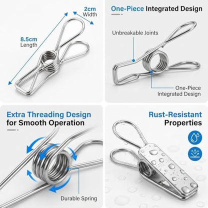20 Pack Heavy Duty Stainless Steel Clothes Pins with Storage Bag, 3.4 Inch Large Wire Clothespins for Outdoor Laundry and Line Drying, 2.5mm Thick Rust-Resistant Metal Clips for Clothes and Bags