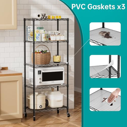 SINGAYE 5 Shelves Storage Wire Shelf Closet Metal Shelving Pantry Wheels - color: Black, size: 5Tier/14"D X 24"W X 61"H