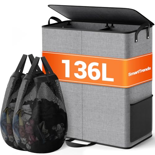 136L 2 Section Laundry Hamper with Lid, Laundry Basket, Gray - color: Gray, size: 136L