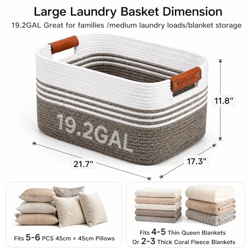 Cotton Rope Laundry Basket Large, 19.2GAL Collapsible Woven Storage Baskets for Living Room Kids Toys Stuffed Animal,Boho Rectangular Decorative Short Hamper for Dirty Clothes, Blankets Dark Brown - color: DarkBrown, size: 19.2GAL