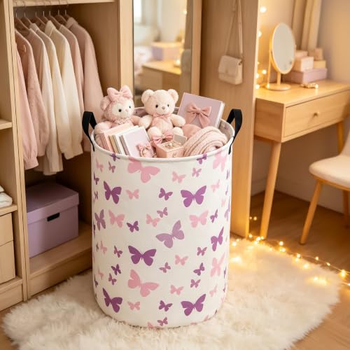 Round Fabric Collapsible Storage Basket with Handles, Purple Butterfly - color: Round-Purple Butterfly