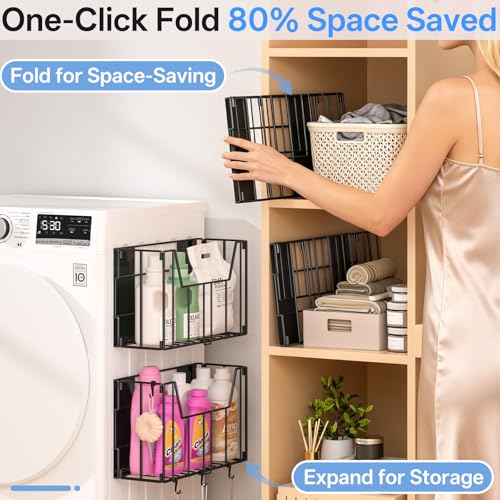 DTUQYX 2-Pack Magnetic Folding Storage Shelf, No Drill Heavy Duty Organizer with 4 Hooks Magnetic Basket Shelves for Laundry Kitchen RV Refrigerator Washing Machine Garage - size: 16.72"×10.5"