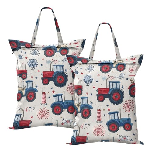 Travel Laundry Bags 2 PC Wet Dry Bag with Handle Dirty Clothes Organizer for Swimsuits Beach Camping Waterproof Washable Cute Tractors Fireworks and Stars - color: Cute Tractors Fireworks and Stars