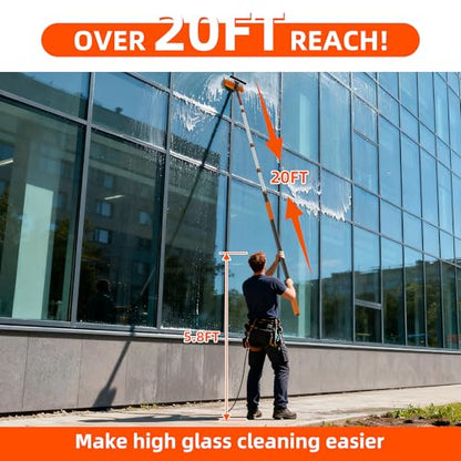 26FT High Window Cleaning Kit with Pole, 2-in-1 Window Squeegee with 5-20 FT Telescoping Extension Pole - Professional Window Washing Kit with Long Handle, Multi-Use Cleaning Tool for High Windows - size: 5-20FT