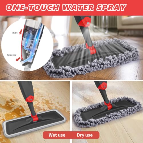 HOMTOYOU Microfiber Hardwood Floor Mop: Spray Mop for Cleaning Wood Floors - color: Black Red