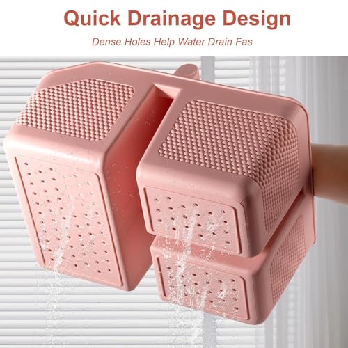 Plastic Shower Caddy Portable Shower Basket with Bamboo Handle, Pink - color: Pink