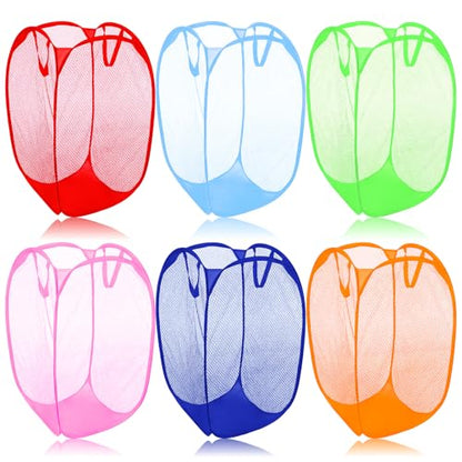 6 Pack Pop Up Laundry Hamper, Strong Mesh Laundry Basket Bag Foldable Hampers with Side Pocket for Bathroom Laundry Room College Dorm Travel and Storage (6 Colors)