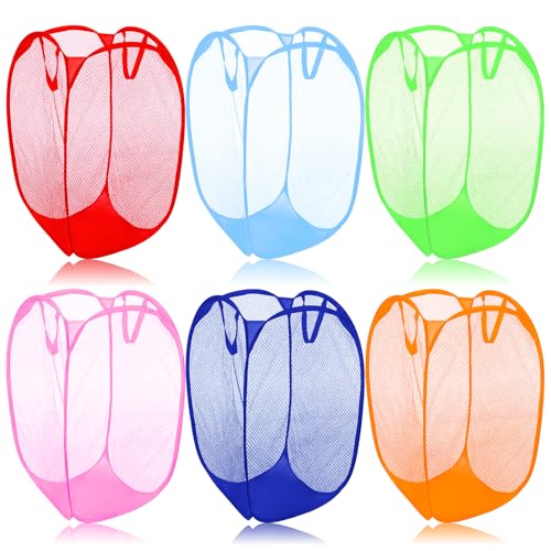 6 Pack Pop Up Laundry Hamper, Strong Mesh Laundry Basket Bag Foldable Hampers with Side Pocket for Bathroom Laundry Room College Dorm Travel and Storage (6 Colors)