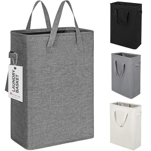 ZJL Narrow Laundry Hamper, Skinny Laundry Basket, 45L Dark Grey, 24" - color: Dark Gray- With Handles