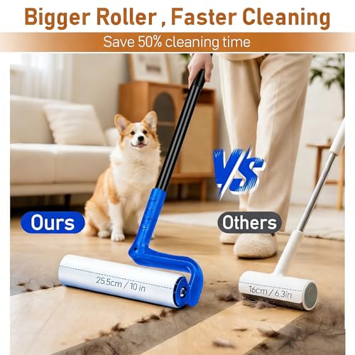 10" Large Lint Roller for Pet Hair Extra Sticky, Floor Lint Rollers Long Handle with Big Lint Rollers Refills for Couch Carpets Furniture Wall Clothing Floor Cleaning, Blue - color: Blue