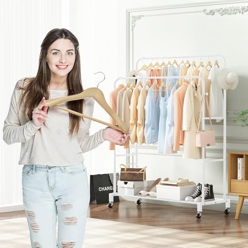 Sooyee Double Rod Clothing Rack with Wheels,3 Tier Garment Racks for Hanging Clothes,Portable Clothes Rack with 4 Hooks for Bedroom,Laundry Room,White - color: White