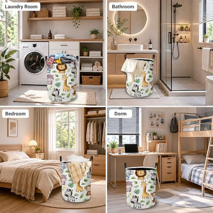 Cute Animals Laundry Basket, Jungle Leaves Collapsible Laundry Hamper Waterproof Oxford Cloth With Handles, Clothes Storage Bucket For Bathroom/Bedroom 16" x 20.8" - color: Cute Animals