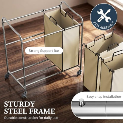 Simple Houseware Heavy Duty 3-Bag Laundry Sorter Rolling Cart, Chrome - color: Chrome