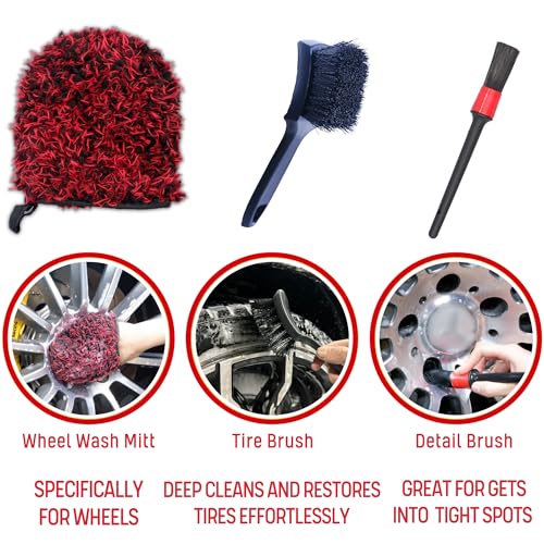 oesee Professional 4 Pack Long Handle Wheel Brush Kit for Cleaning Wheel and Tire- 2X Soft Wheel Cleaning Brush, Detailing Brush and Stiff Tire Brush, Bendable& Durable Wheel Rim Cleaner Brush Set - size: 5 Pack (Red & Black)