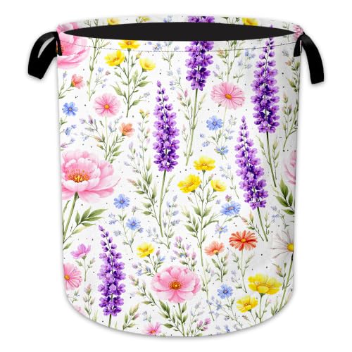 Lavender Floral Laundry Basket, Foldable Oxford Cloth Wildflower Garden Laundry Hamper with Handles, Tote Bag Clothes Storage Bucket for Laundry Room/Bathroom/Bedroom/Dormitories 20.8"x16" - color: Lavender Floral