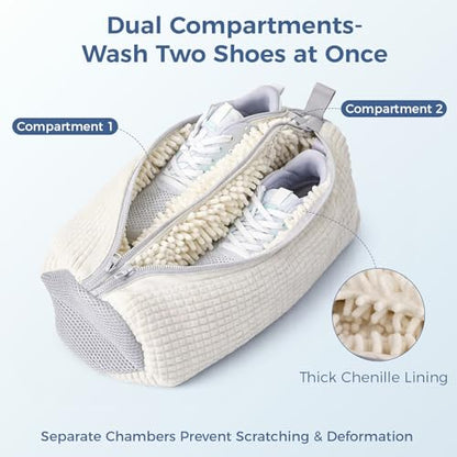 Shoe Washing Machine Bag for Sneakers, Double Compartment Shoe Laundry Bag with Chenille Microfiber, Durable Mesh Shoe Wash Bag for Washer & Dryer, Sneaker Cleaner for Running, Tennis & Kids Shoes - color: White