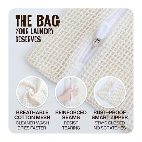 WoollyPals Large Cotton Mesh Zippered Laundry Bags (16" x 20") – 2-Pack with Storage Pouch – Washer & Dryer Safe, Durable Zipper, Breathable Mesh for Clothes, Delicates, Underwear, Shoes & Lingerie