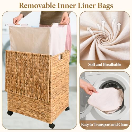 Livole Wicker Laundry Hamper with Lid & Wheel, Rattan Laundry Basket, 90L - color: Natural, size: 90L