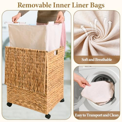 Livole Wicker Laundry Hamper with Lid & Wheel, Rattan Laundry Basket, 90L - color: Natural, size: 90L
