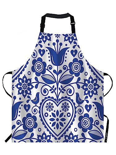 EKOBLA Floral Aprons Bohemian Style Scandinavian Folk Art Navy Blue Waterproof Resistant Chef Cooking Kitchen BBQ Adjustable Aprons for Women Men 27x31 Inch - color: Multi-a102