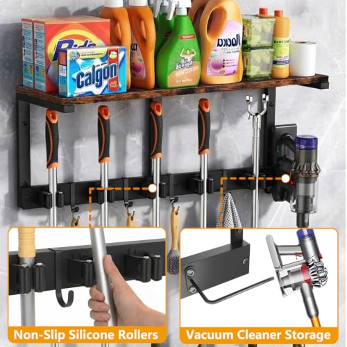 Mop and Broom Holder Wall Mount with Cleaning Supplies Organizer