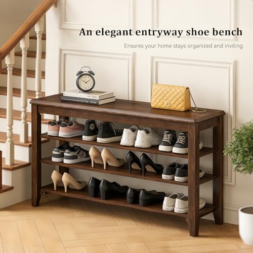 Taitiy Shoe Rack Bench with 3 Tier Adjustable Shelves Rubberwood Entryway - color: Walnut - Wood, size: 39.4''