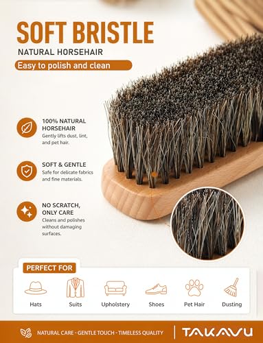 TAKAVU 10.2in Horsehair Hat & Shoe Brush, Long Handle Felt Cleaner