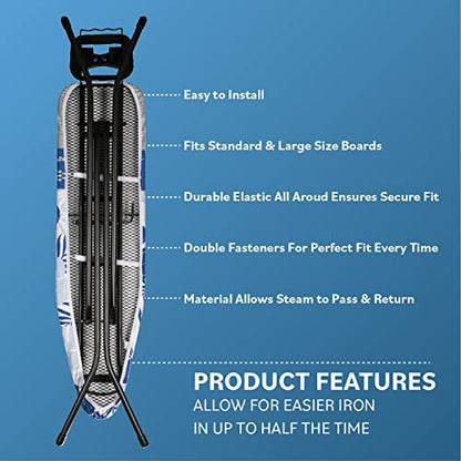 Bartnelli Ironing Board Cover and Pad, Made in Europe with New Patent Technology | 54x15 Iron Board Replacement Cover Featuring Park & Turbo Zone, Scorch Resistant 100% Cotton Thick Layered Top - color: Blue Flowers