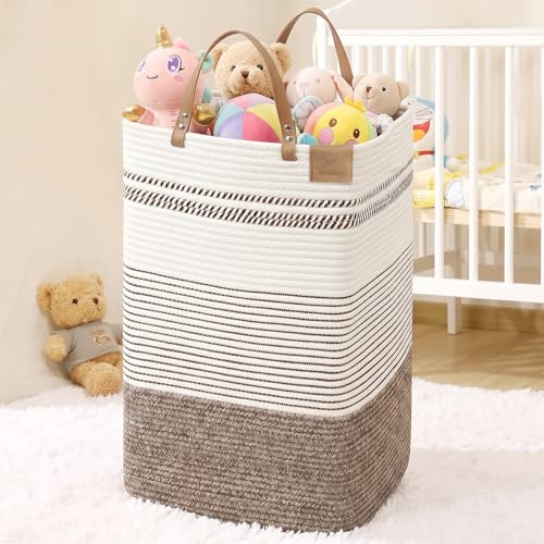 danpinera 100L Nursery Hamper, Tall Woven Laundry Basket with Long Leather Handles, Boho Laundry Hamper for Living Room, Eco-friendly & Convenient Decorative Storage Basket, White & Dark Brown - color: White & Dark Brown, size: 100L Square