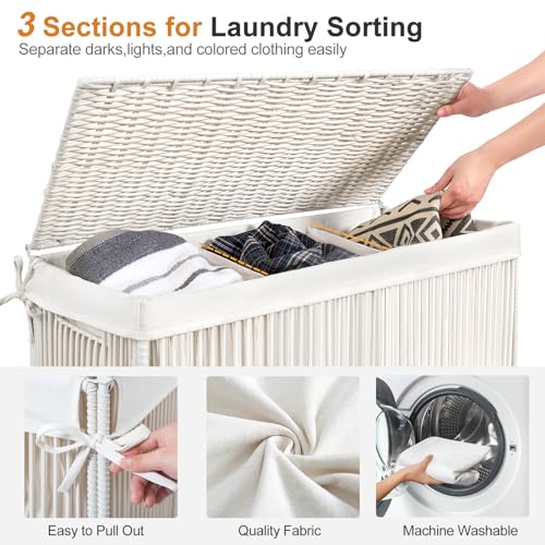 WOWLIVE Laundry Basket 3 Section, Handwoven Laundry Hamper with Wheels - color: Creamy White, size: 150l(28.4 X 13 X 26.4 Inches)