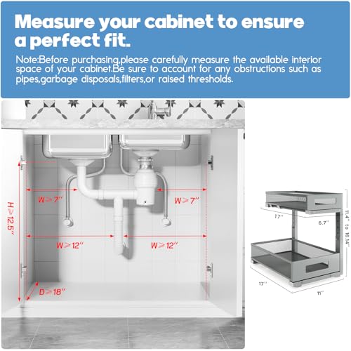 1 Pack 17IN Depth Under Sink Storage Organizer, Large 2-Tier Elegant Mesh Pull Out Shelf for Kitchen and Bathroom Cabinet Organization, L-Shaped and Adjustable Height Design-Gun Gray - color: Gun Gray, size: 1 Pack-17"Dx11.4"-16.14"H