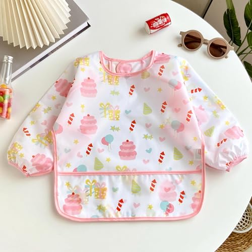 PandaEar (3 Pack Long Sleeve Bibs| Waterproof Full Sleeve Bib for Baby Infant Toddler 6-36 Months - style: Cake Bunny Giraffe Girl