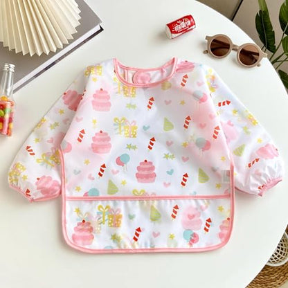 PandaEar (3 Pack Long Sleeve Bibs| Waterproof Full Sleeve Bib for Baby Infant Toddler 6-36 Months - style: Cake Bunny Giraffe Girl