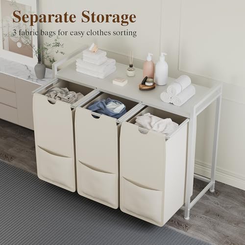 Laundry Sorter 36.6x13x28.5 in, White 3-Section Hamper - size: 3 Bags-145.5L / White + Beige