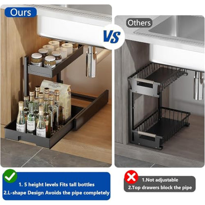 BLULEE 2 Pack Under Sink Organizer, Adjustable Pull Out Storage Rack