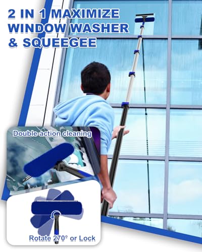 30Ft Reach Solar Panel Cleaning Brush Kit with 5-24ft Telescoping Pole, Water Fed Window Cleaner Tool with 20" Brush, Soap Dispenser, Cobweb Duster, Squeegee for Roof, RV, Gutter, Boat, Deck - color: Blue