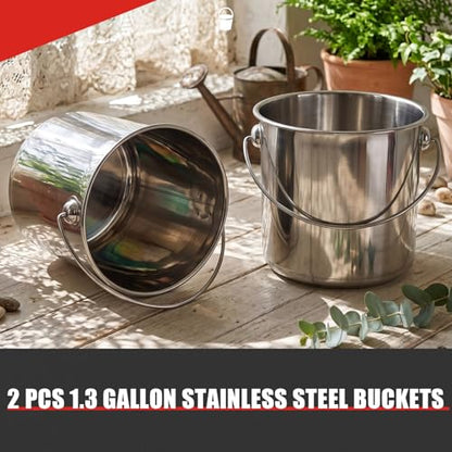 Hsei 2 Pcs Stainless Steel Bucket for Pet Cleaning, 1.3 Gallon Metal Bucket Water Pail with Handle for Fence Kennel Cage Garage Garden Workshop - size: 1.3 Gallon