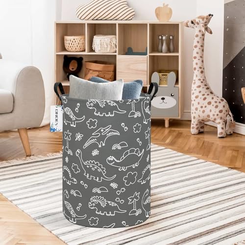 Round Dinosaur Laundry Hamper, Cotton Canvas Teen Room Storage Bin - color: Round Gray Line Dinosaur