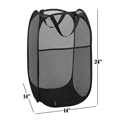 BATTOO Deluxe Strong Mesh Pop up Laundry Hamper Basket with Side Pocket Foldable Hamper for Laundry Room, Bathroom, Kids Room, College Dorm or Travel Black + Black - color: Black+Black