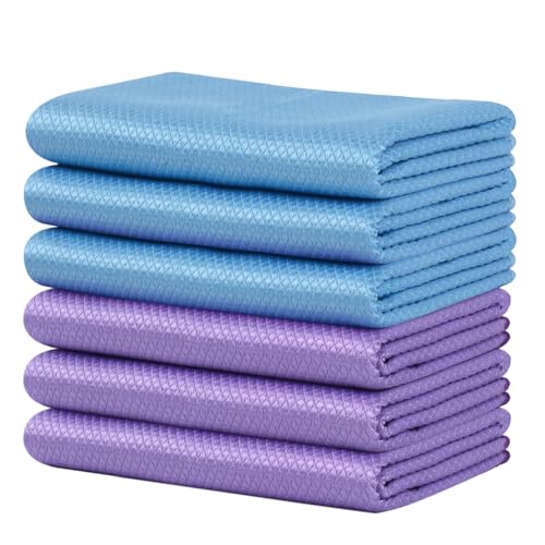 SINLAND Microfiber Glass Polishing Cleaning Cloths, 16x16In, 6Pack - color: 3 Blue +3 Purple