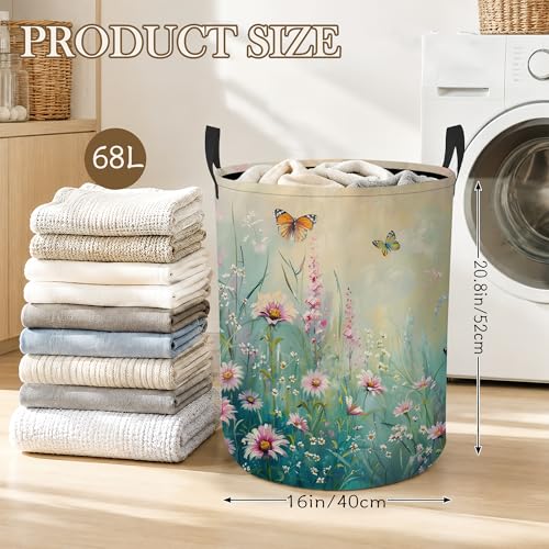 Laundry Hamper, Butterfly Garden Collapsible Wildflowers Laundry Baskets Waterproof Oxford Cloth With Handles, Clothes Storage Bucket For Bathroom/Bedroom 16" x 20.8" - color: Butterfly Garden