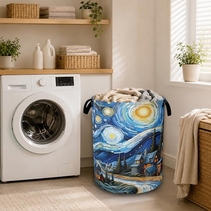 Starry Sky Oil Painting Waterproof Laundry Basket with Handles, Foldable Clothes Hamper, Large Capacity Laundry Organizer Bin for Bedroom Bathroom Dorm Room - color: Starry Village