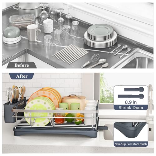SAYZH Dish Drying Rack for Kitchen Counter with Utensil Holder, Silver - color: Silver