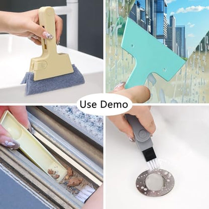 Window Track Cleaner Tool, 3Pcs 4-in-1 Groove Cleaning Brush (with Bristle Brush, Gap Dustpan, Scraper) + 4pcs Replacement Cloth, Washable Cleaning Gadgets for Sliding Door, Sill, Car Vents