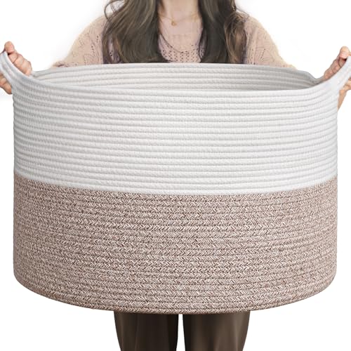 INDRESSME Large Woven Rope Blanket Basket Living Room Brown, 65L - color: White & Brown, size: 19.7"D x 12.6"H