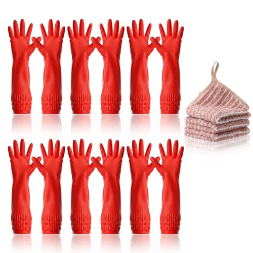 6 Pairs 17.8In Dishwashing Gloves with 3 Microfiber Towels, Waterproof Rubber Gloves for Kithen, Pet Care, Bathroom, Laundry, Car Washing (Red)