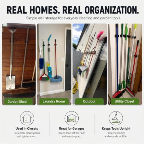 3-H Broom Holder Wall Mount 4 Pack, Stainless Steel Mop Hanger with Screws - color: Black, size: 4